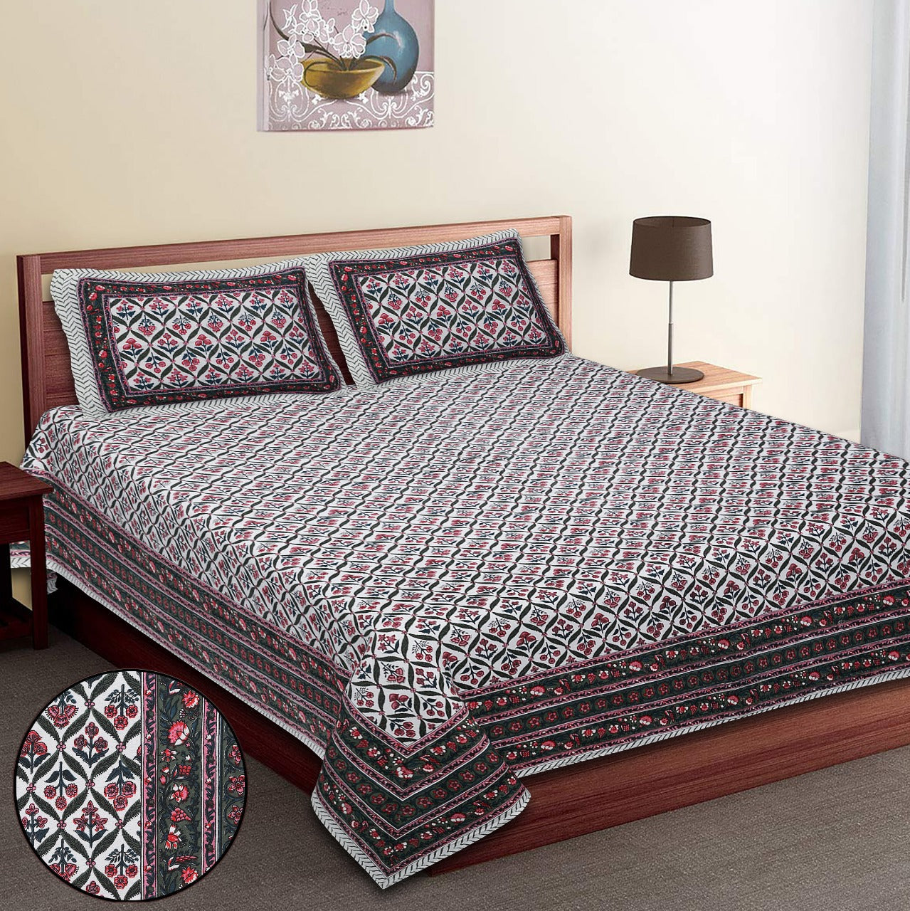 King-Size Bed Sheet Set with 2 Pillow Covers (Cotton Autoloom Fabric)