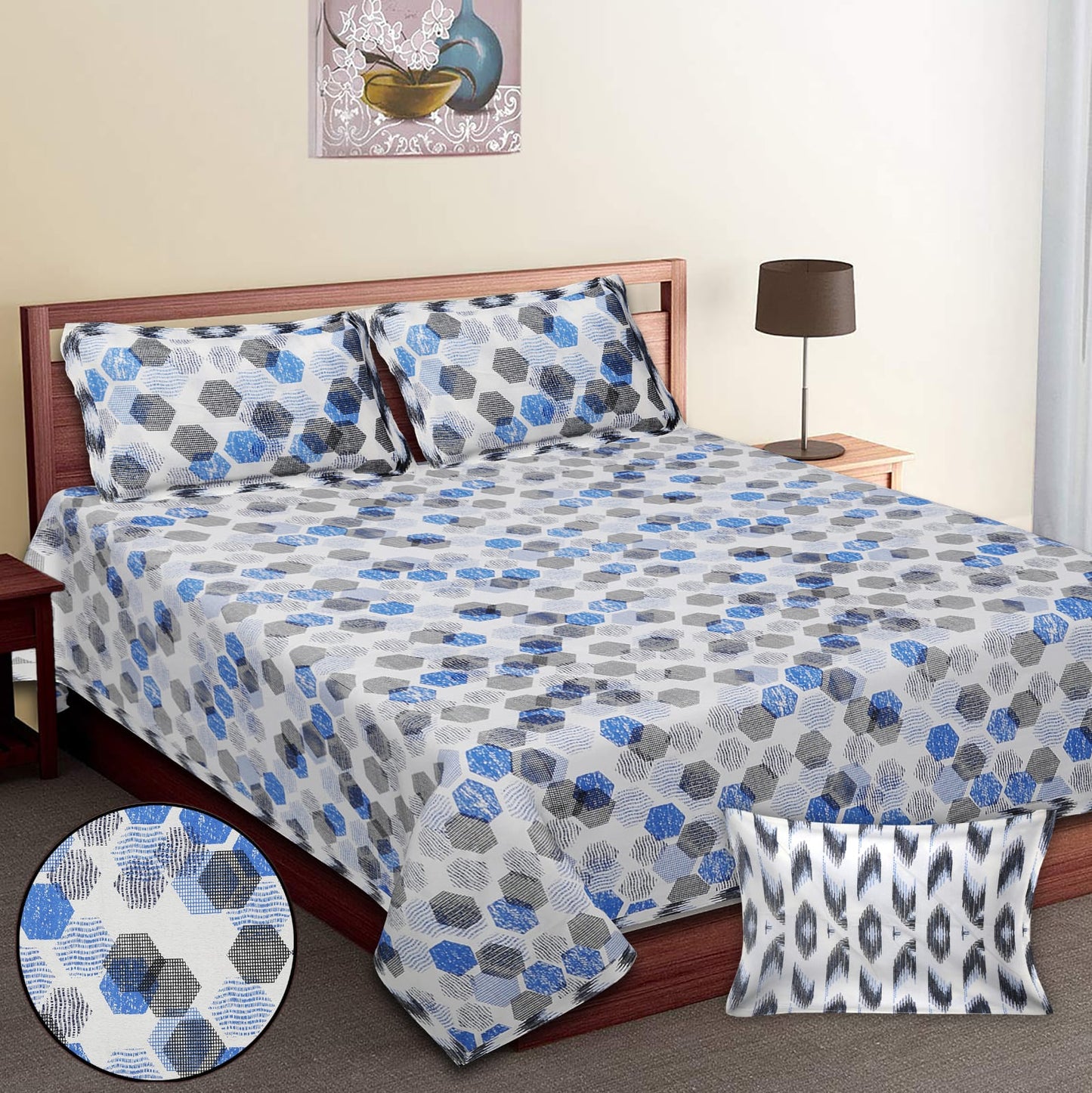 King-Size Bed Sheet Set with 2 Pillow Covers (Cotton Autoloom Fabric)