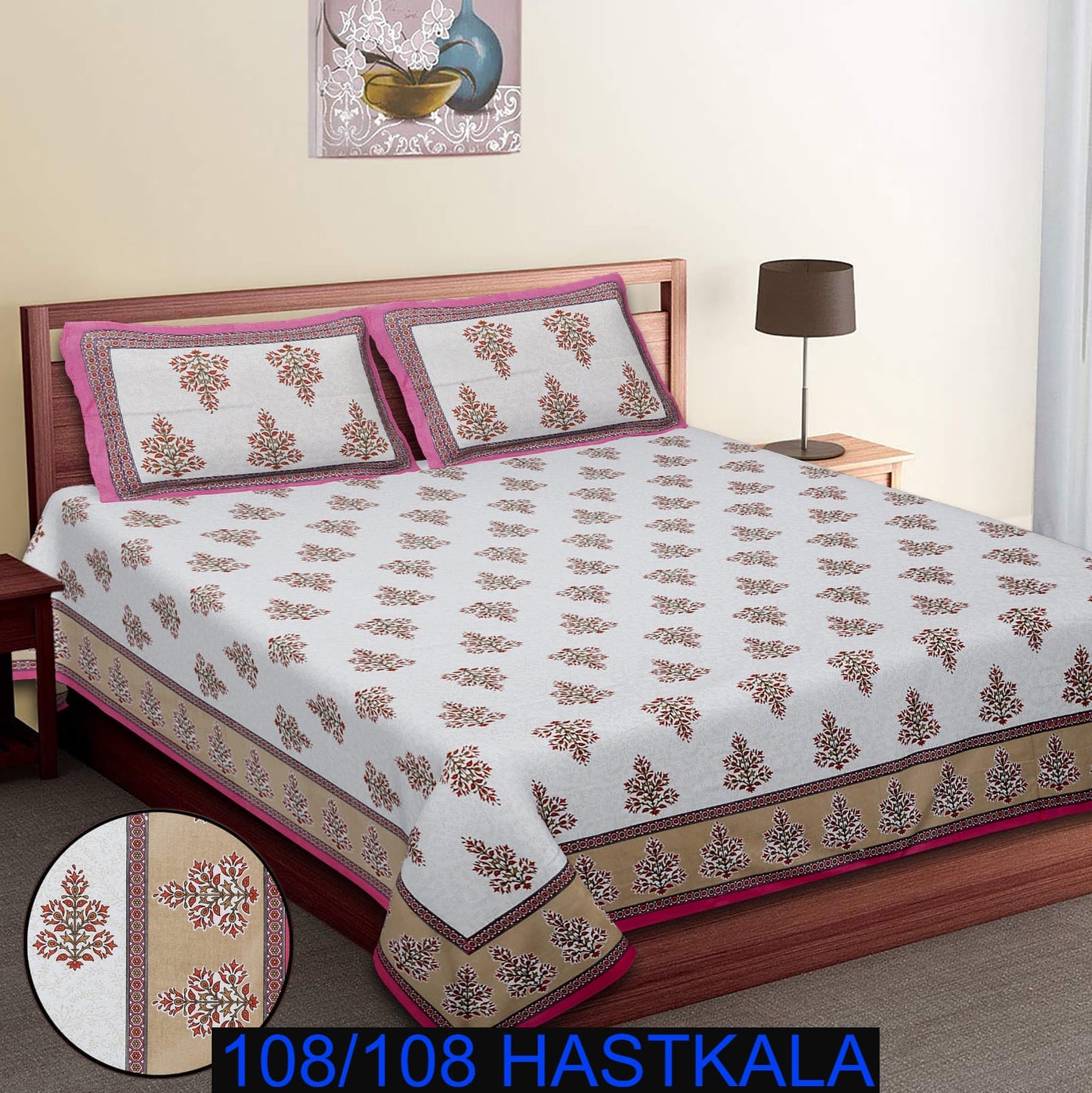 108×108 Cotton King Size Bedsheet with 2 Zipper Pillow Covers