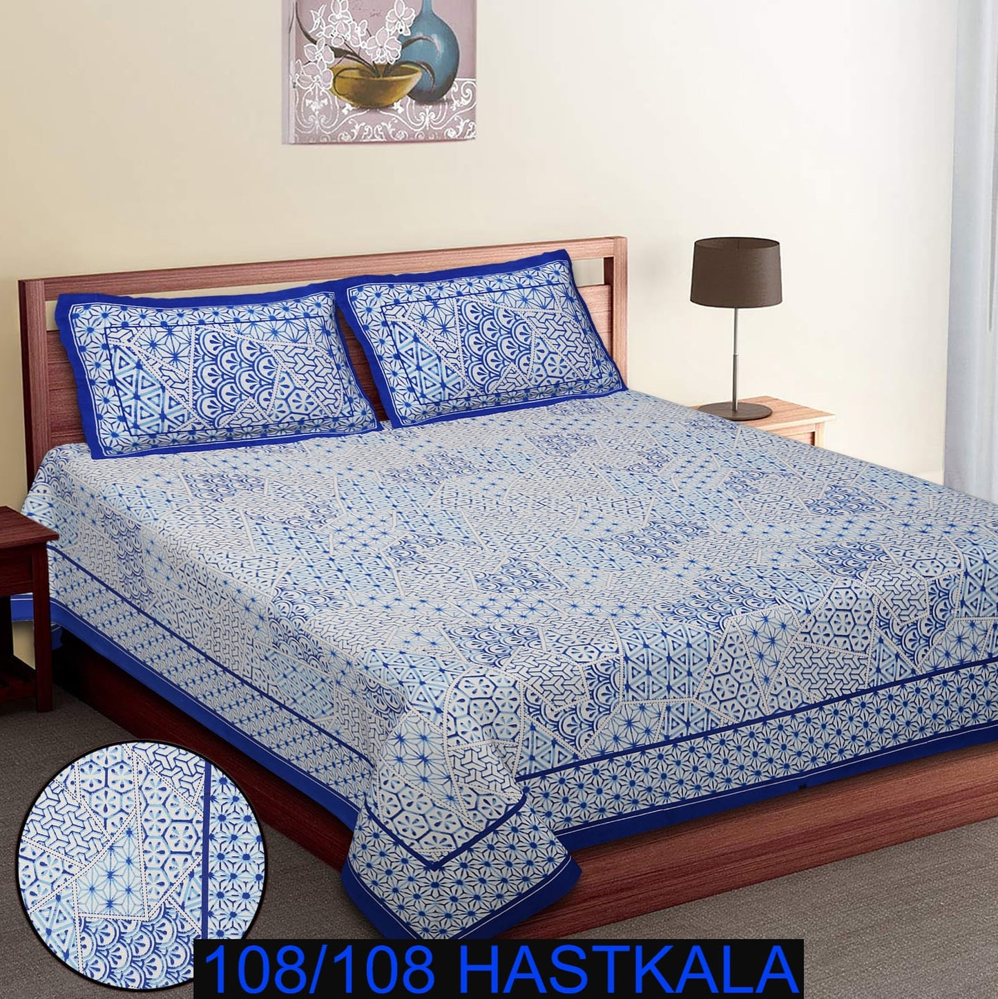 108×108 Cotton King Size Bedsheet with 2 Zipper Pillow Covers