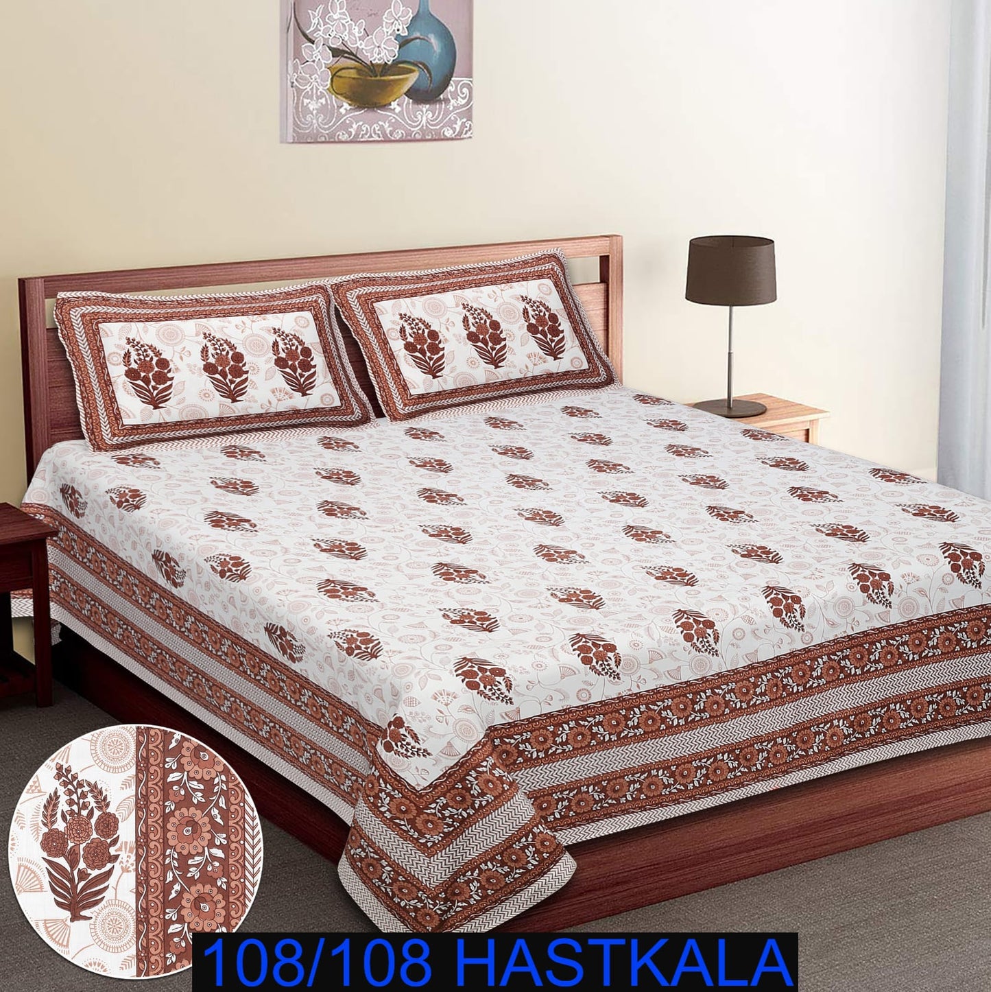 108×108 Cotton King Size Bedsheet with 2 Zipper Pillow Covers