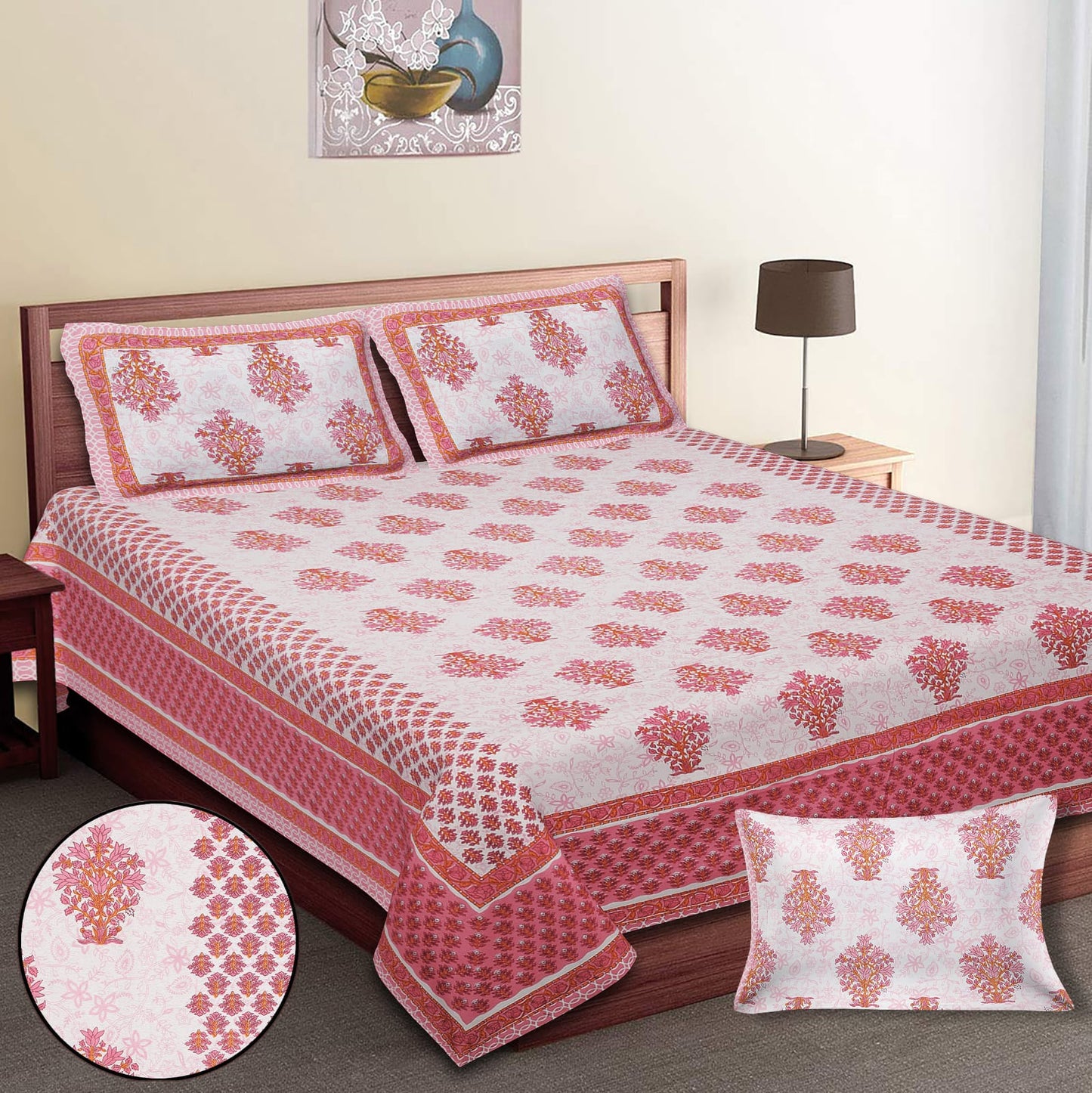 King-Size Cotton Bedsheet Set with Pillow Covers