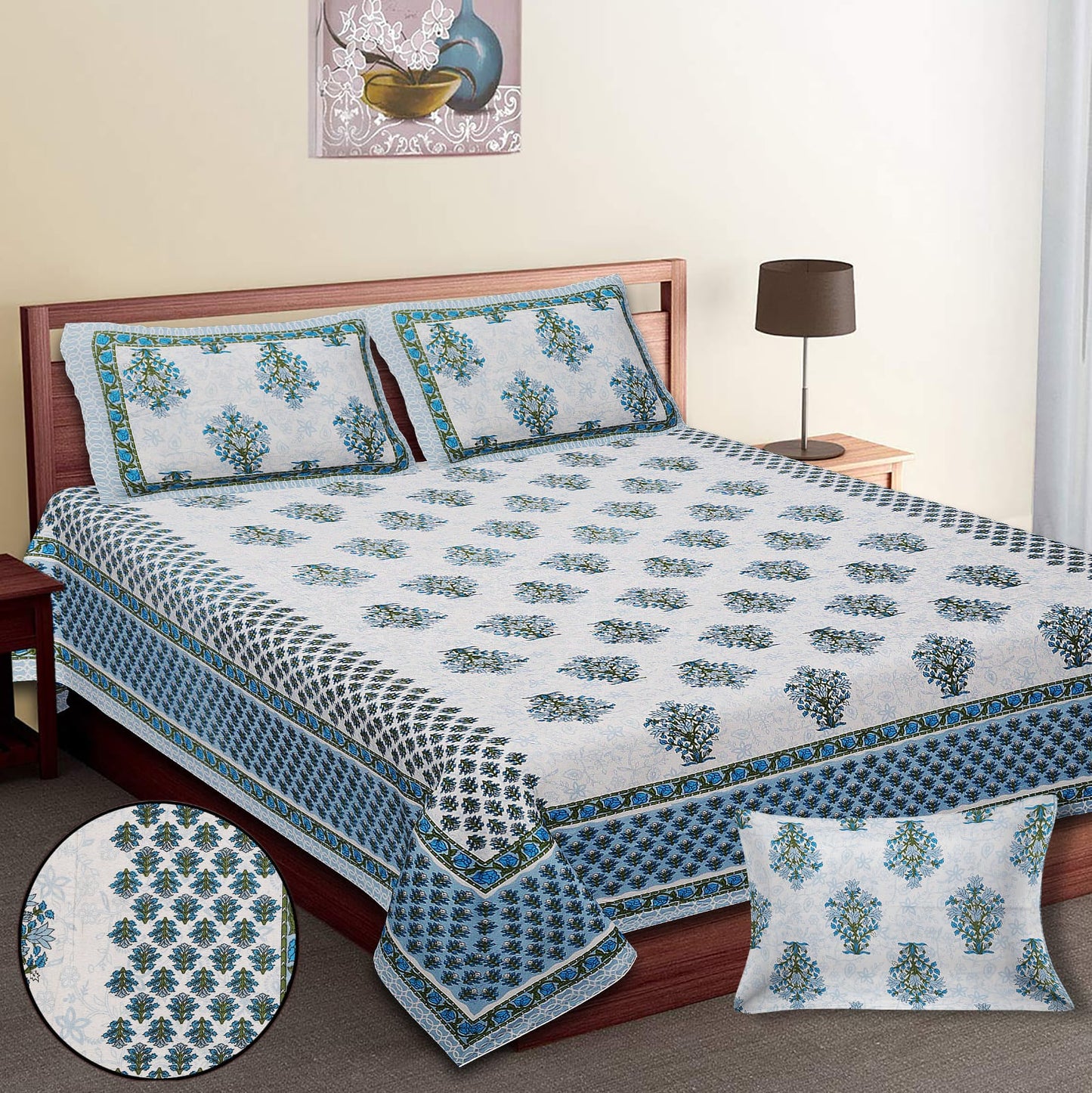 King-Size Cotton Bedsheet Set with Pillow Covers