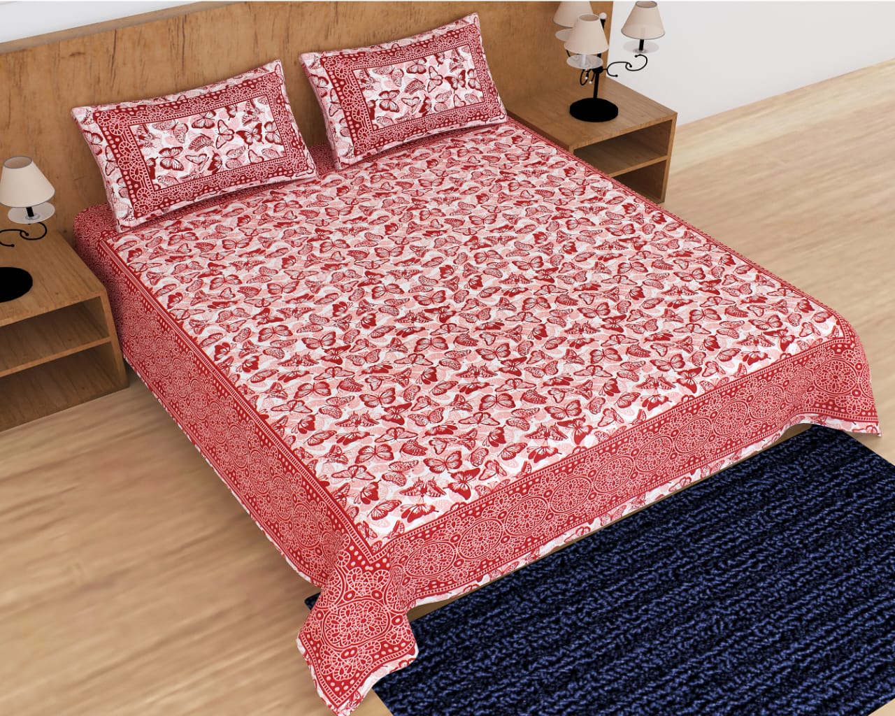 Jaipuri Double Bedsheet Set with Two Pillow Covers - 90x100 Size
