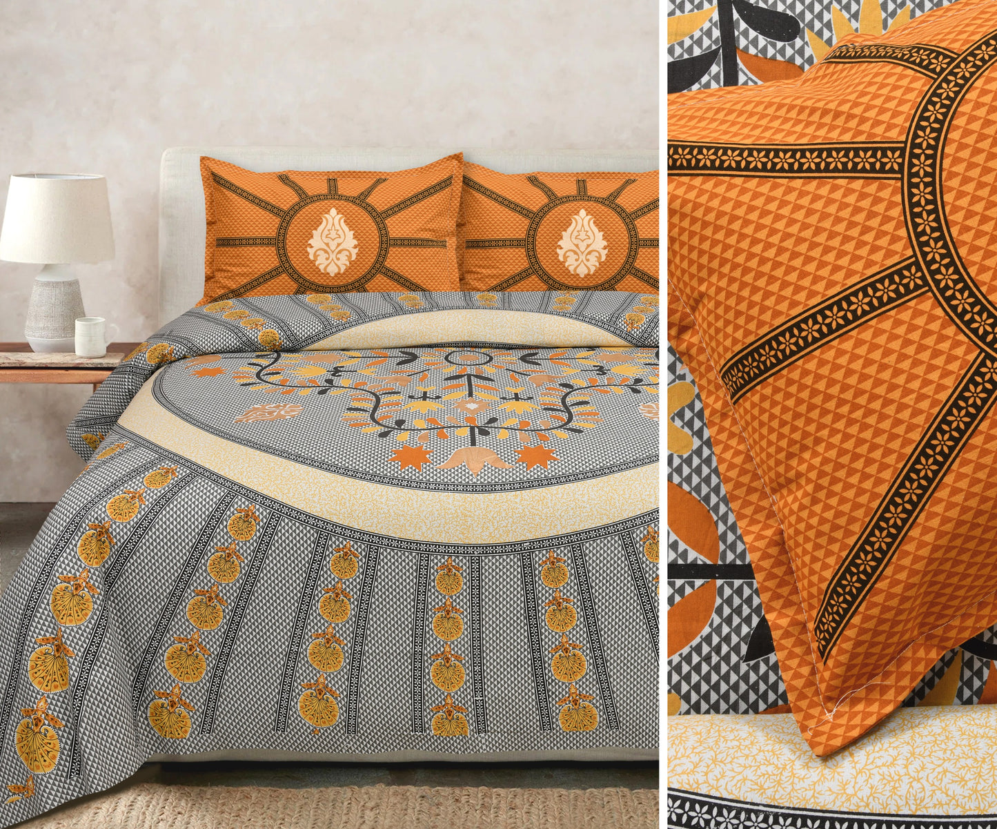 Gold Printed Cotton Bedsheet Set with Coordinating Pillow Covers