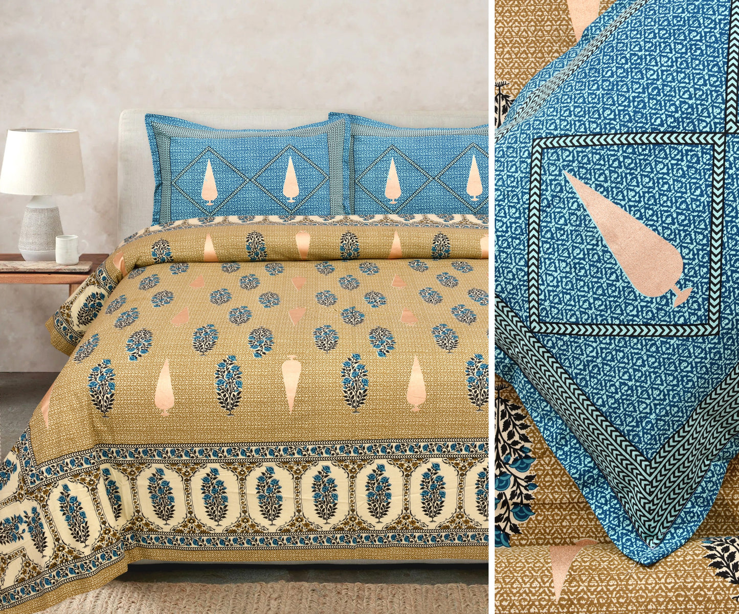 Gold Printed Cotton Bedsheet Set with Coordinating Pillow Covers