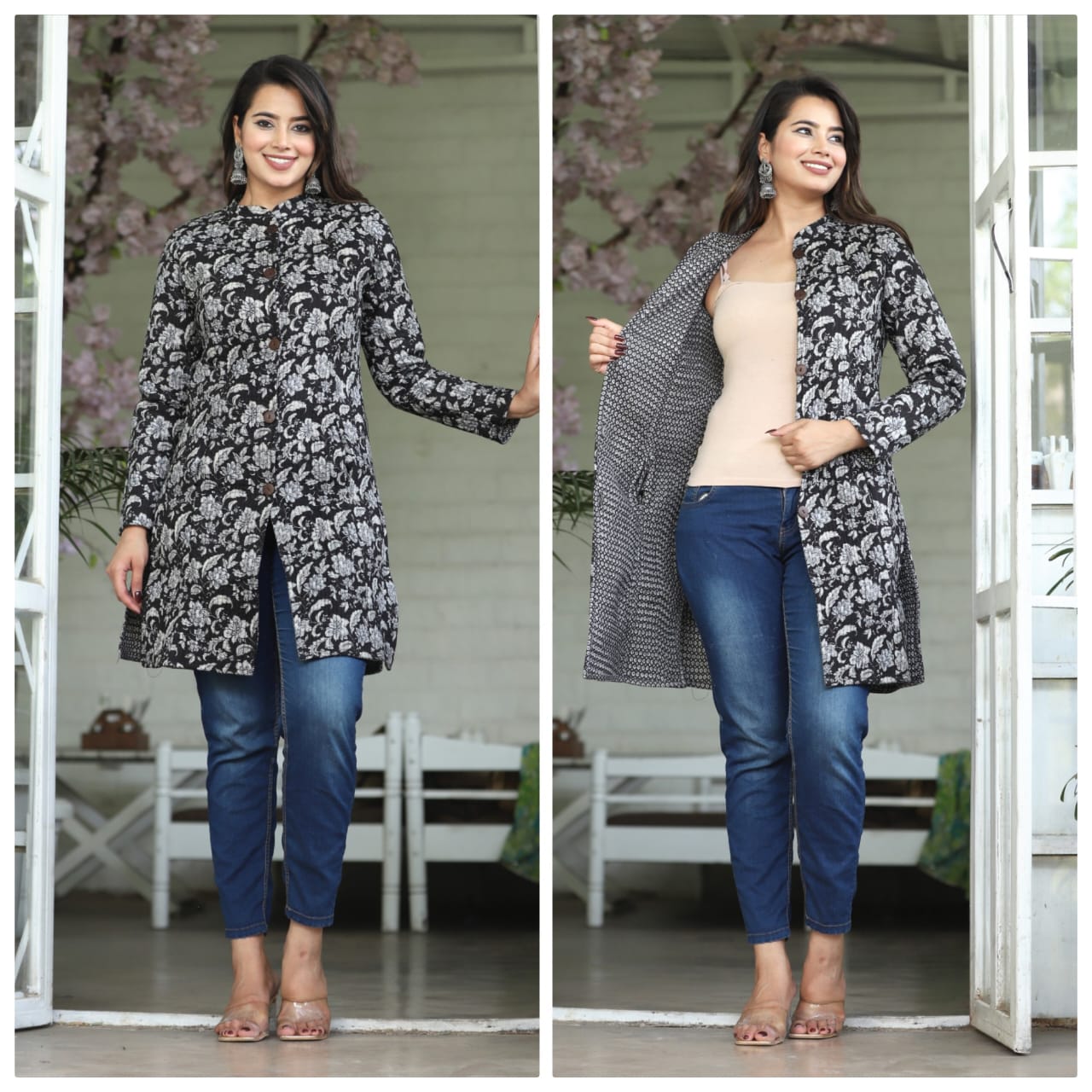 A woman standing outdoors wearing a reversible quilted cotton long coat with pockets. One side of the coat features a floral pattern, and the other side is solid gray.