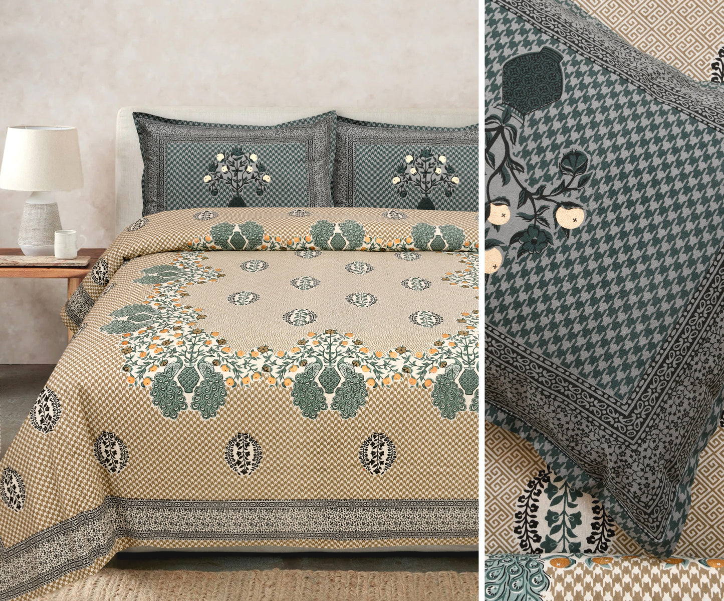 Gold-Print Cotton Bedsheet Set with Coordinated Pillow Covers