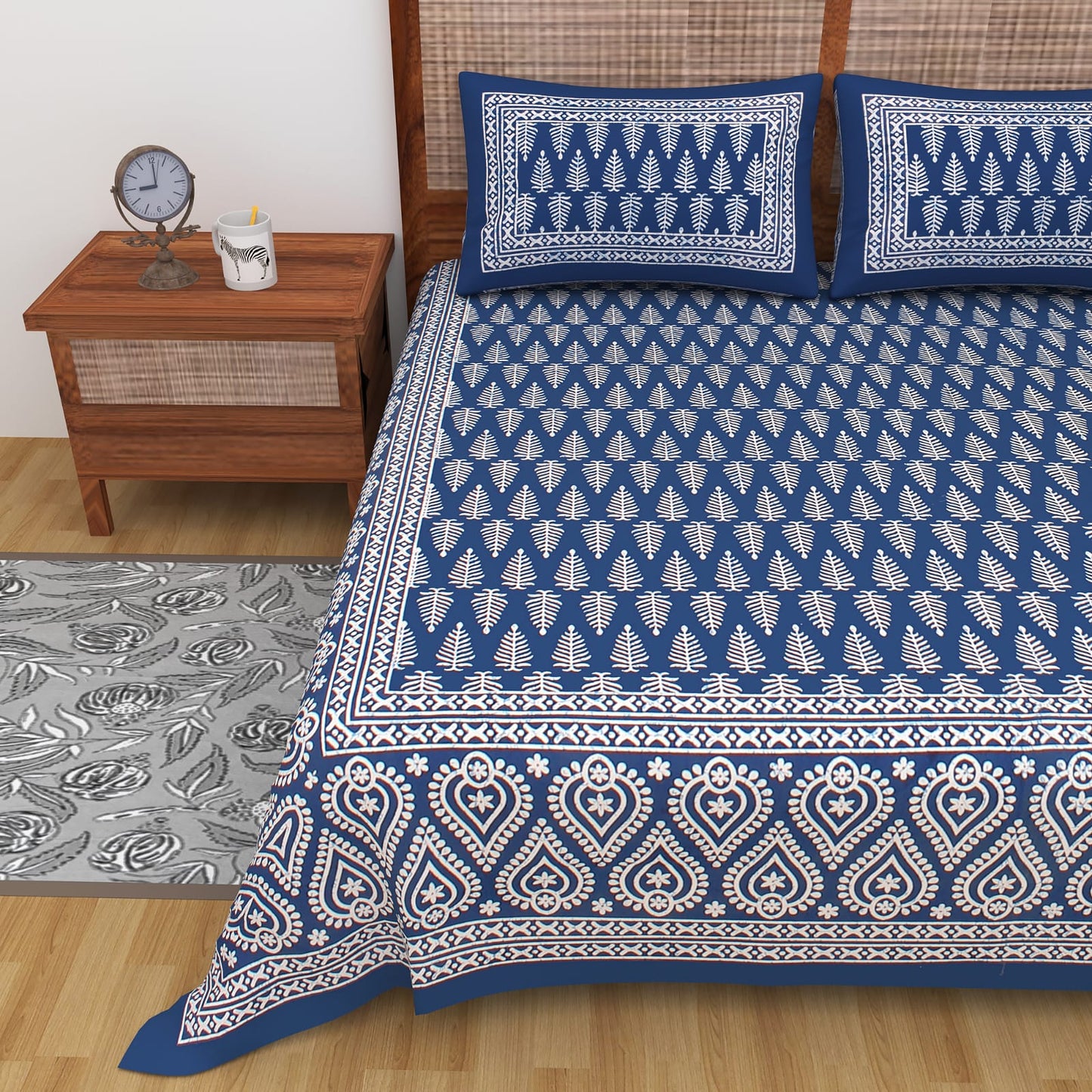 Jaipuri Double Bedsheet Set with Two Pillow Covers - 90x100 Size