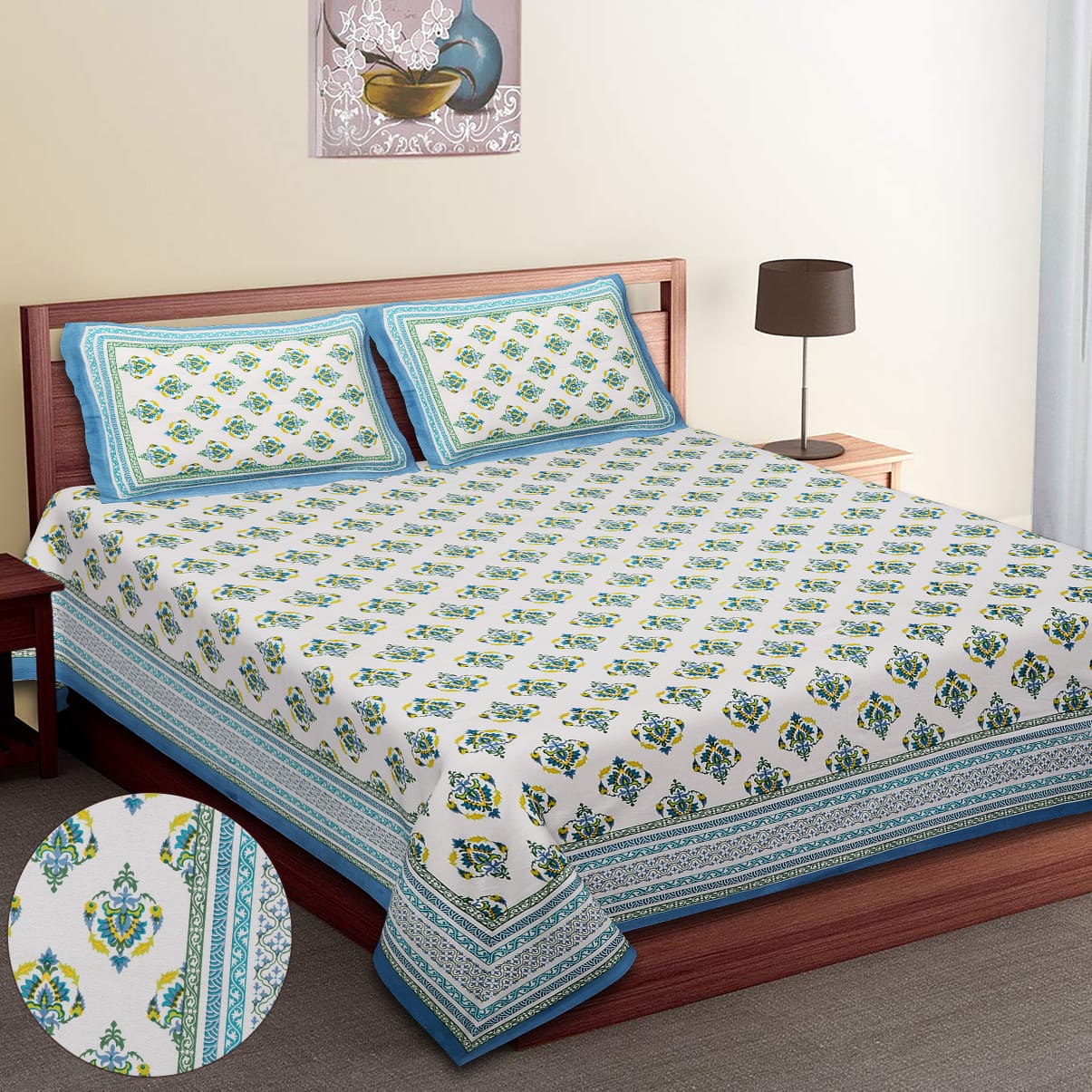 King-Size Cotton Bedsheet Set with Pillow Covers