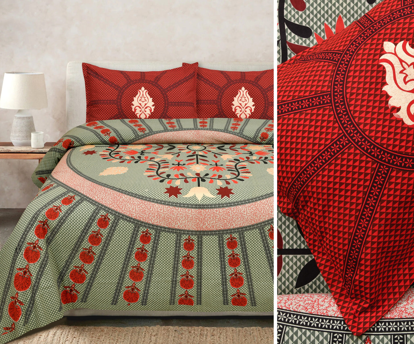 Gold Printed Cotton Bedsheet Set with Coordinating Pillow Covers