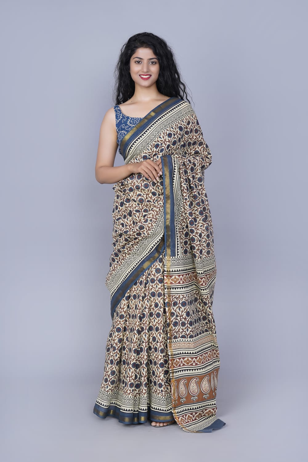 Sanganeri Hand Printed Cotton Zari Saree with Blouse