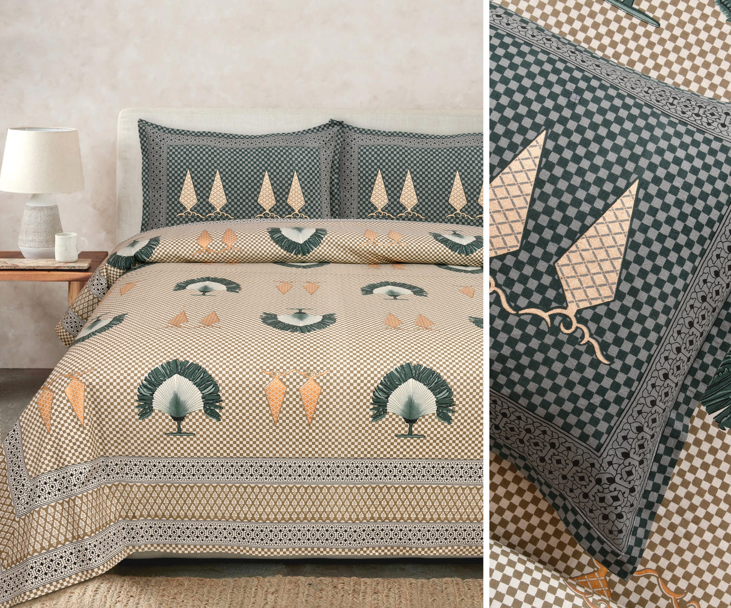 Gold Printed Cotton Bedsheet Set with Coordinating Pillow Covers