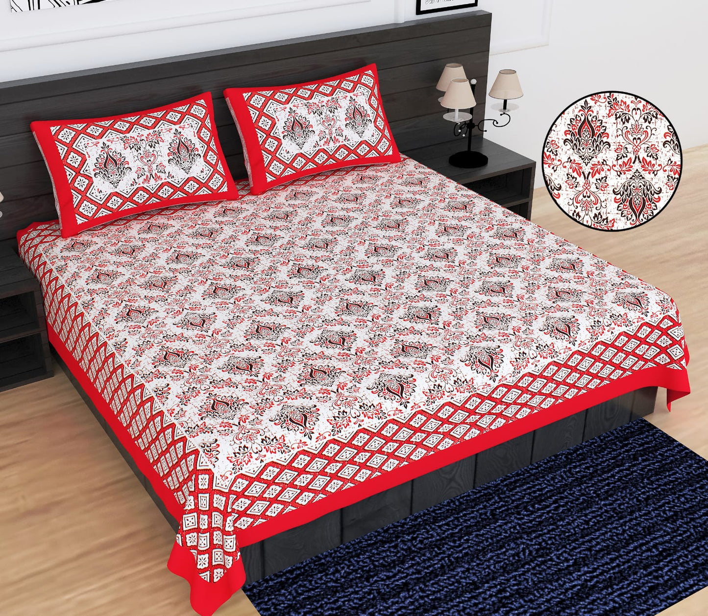 Jaipuri Double Bedsheet Set with Two Pillow Covers - 90x100 Size