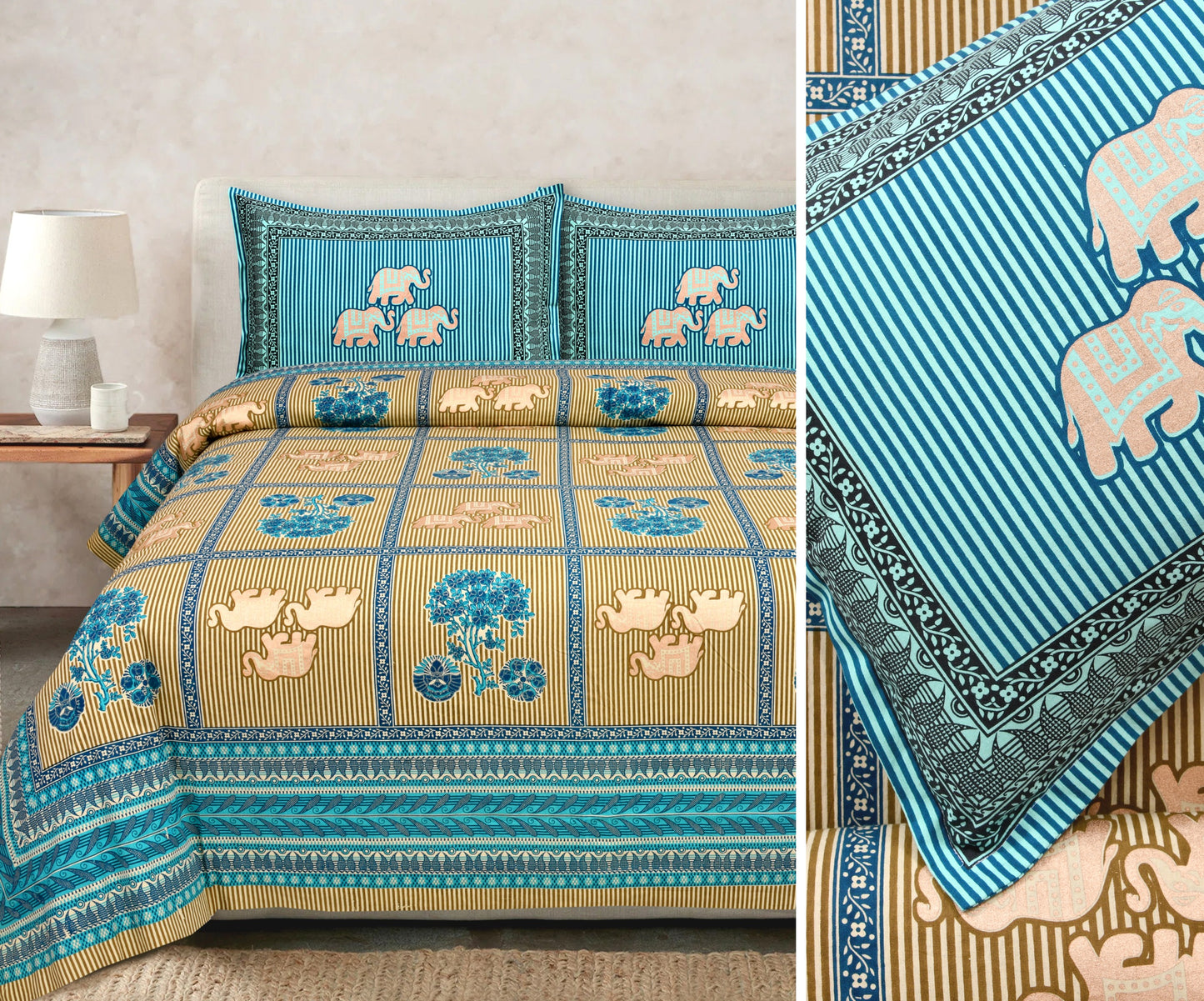 Gold Printed Cotton Bedsheet Set with Coordinating Pillow Covers