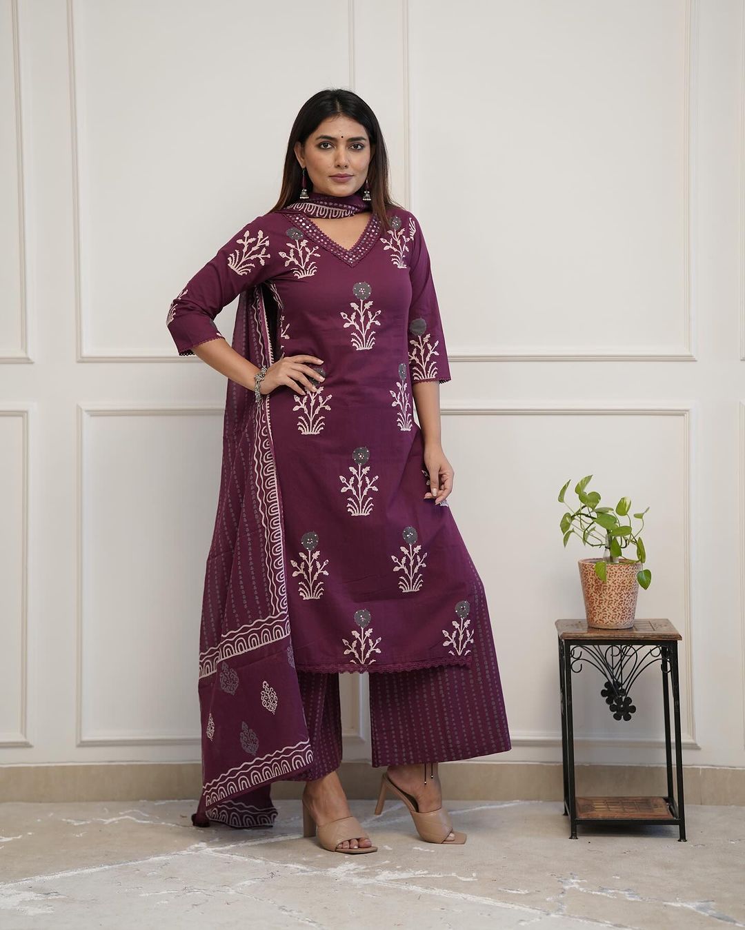 Plazo Kurti Open Shirt Design With Palazzo Wine Colored Cotton