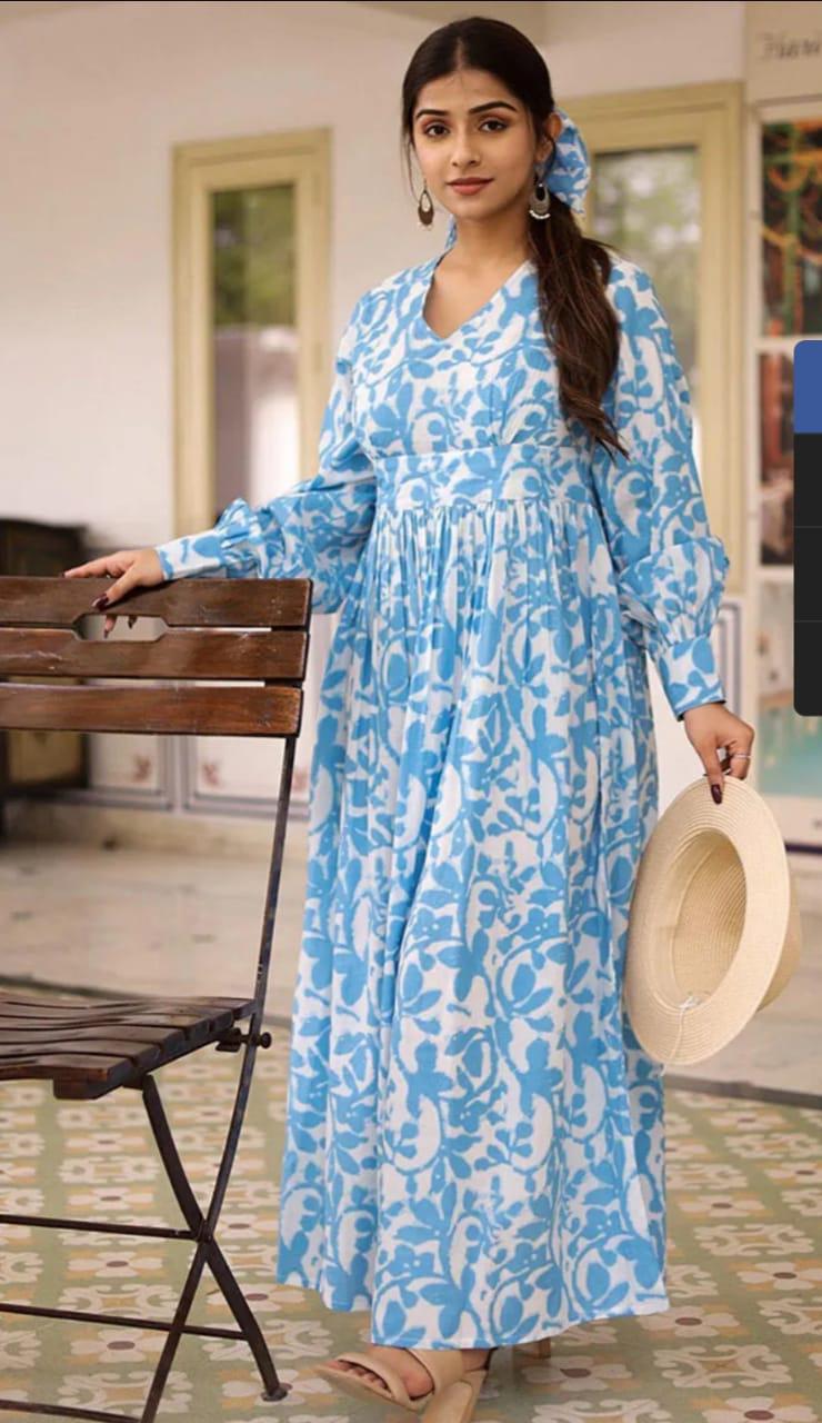 Sky Blue Tie and Dye Long Dress with All-Round Gather & Puffed