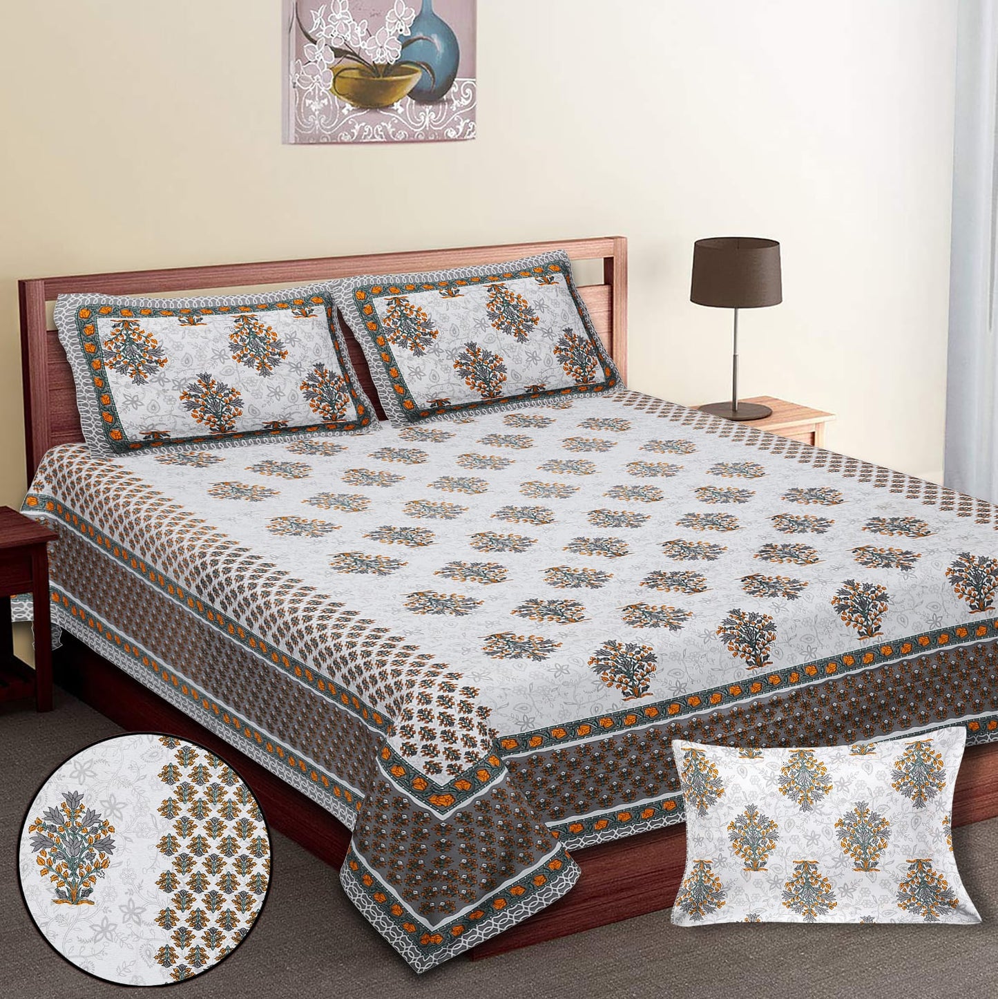 King-Size Bed Sheet Set with 2 Pillow Covers (Cotton Autoloom Fabric)