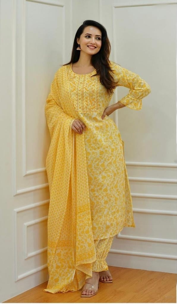Yellow Cambric Cotton Suit Set with Embroidery and Sequin Detailing Sukriti Store Yellow Cambric Cotton Suit Set with Embroidery and Sequin Detailing Sukriti Store