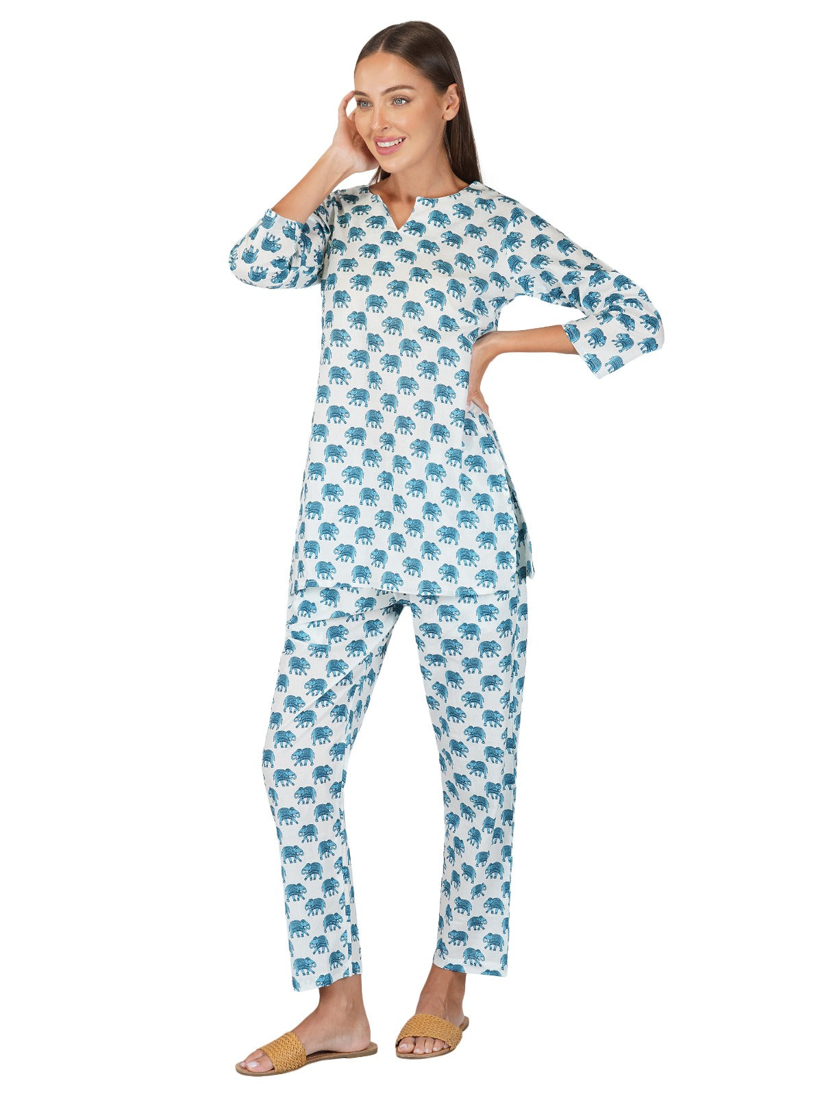 Cotton Short Kurta Pant Set in White Blue (60x60 Weave