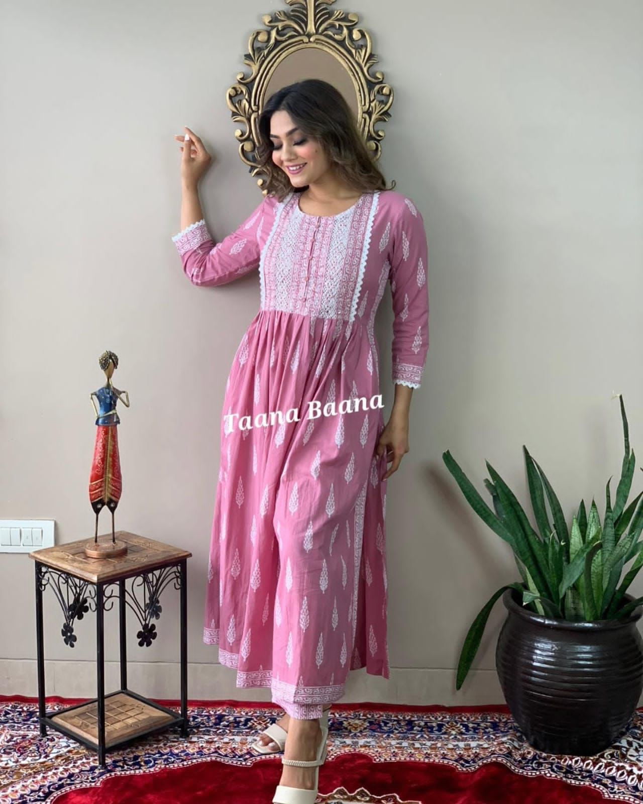 Nayra Cut Pink Cotton Kurti Pant Dupatta Set with Embroidery and Lace –  Sukriti Store