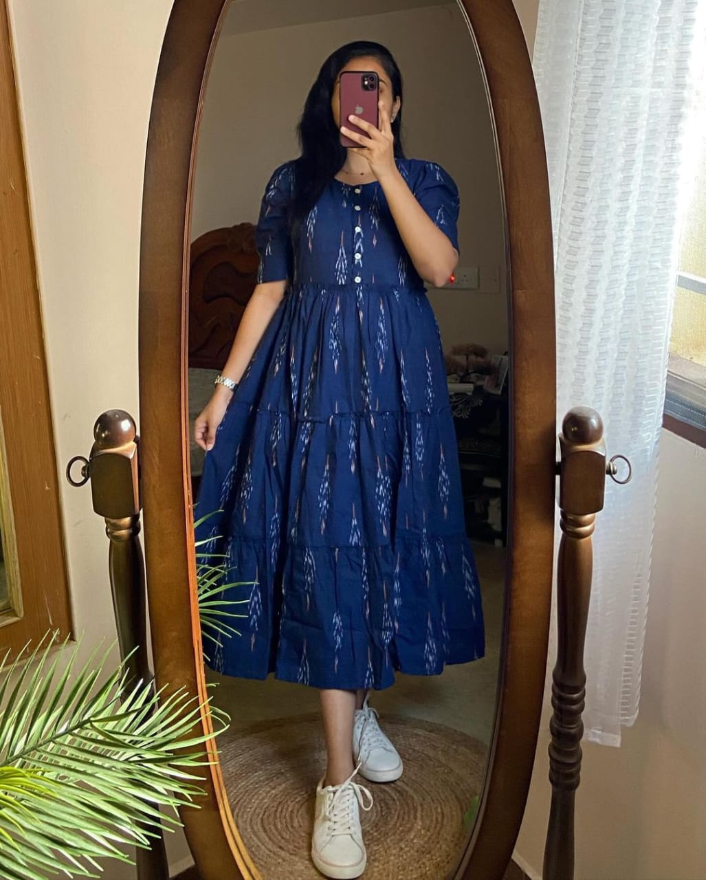 Skirt Middies Dress Ikat Middy Flare Gown Cotton (Blue)