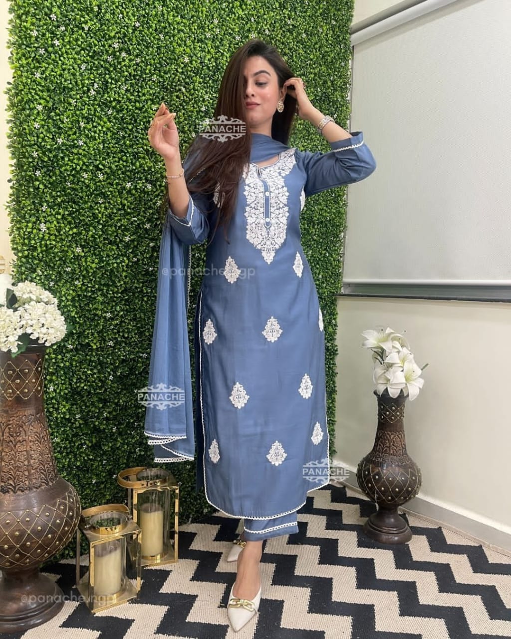 Blue Rayon Printed Long Gown Kurti Set with Pant and Dupatta – Sukriti Store