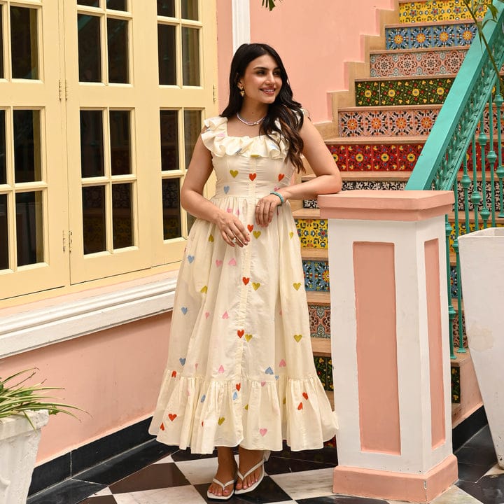 heart print dress for women Cream Frill Dress