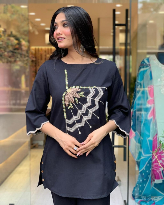 Black Embroidered Cotton Flex Coord Set