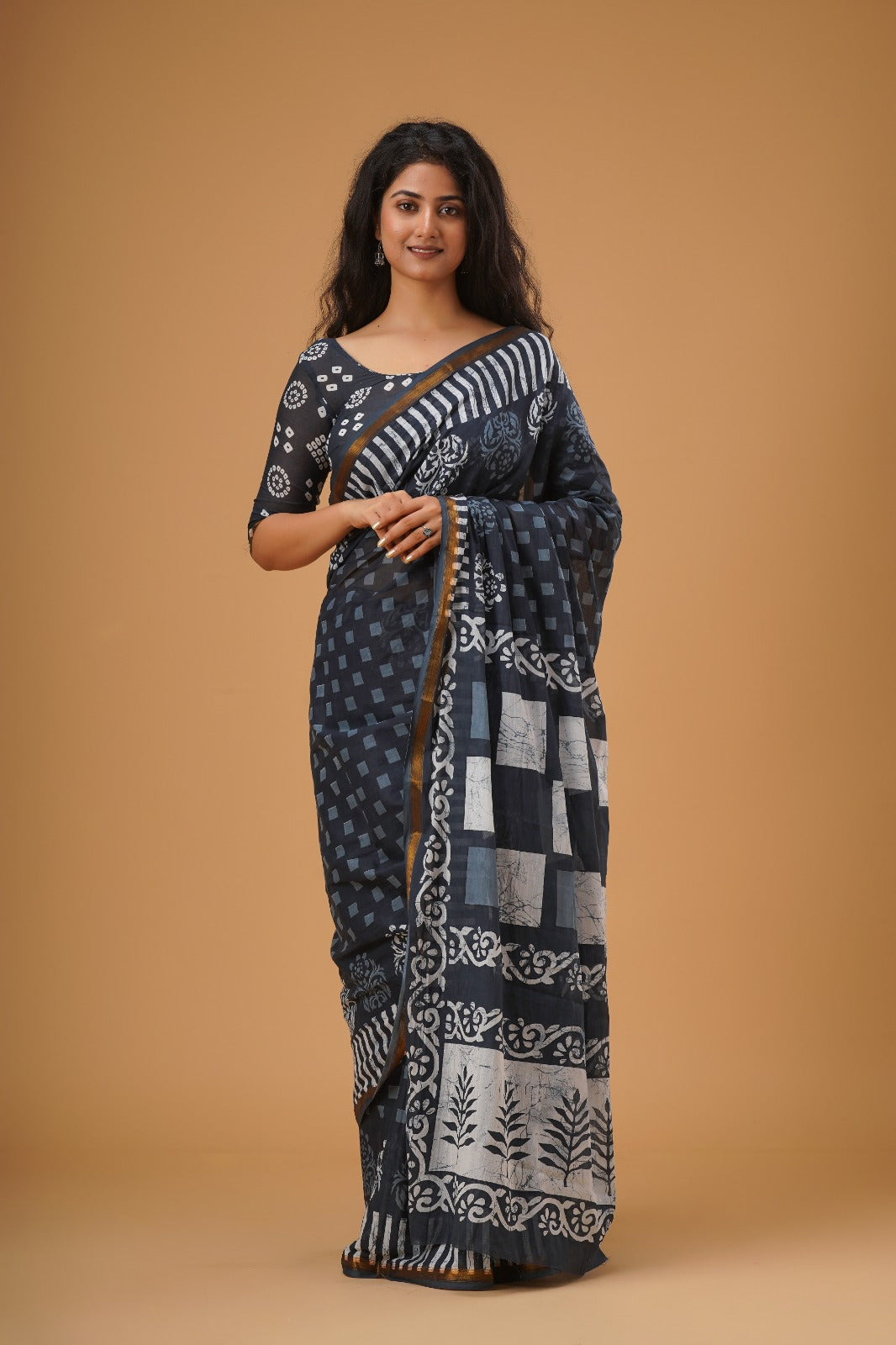 Sanganeri Hand Printed Cotton Zari Saree with Blouse