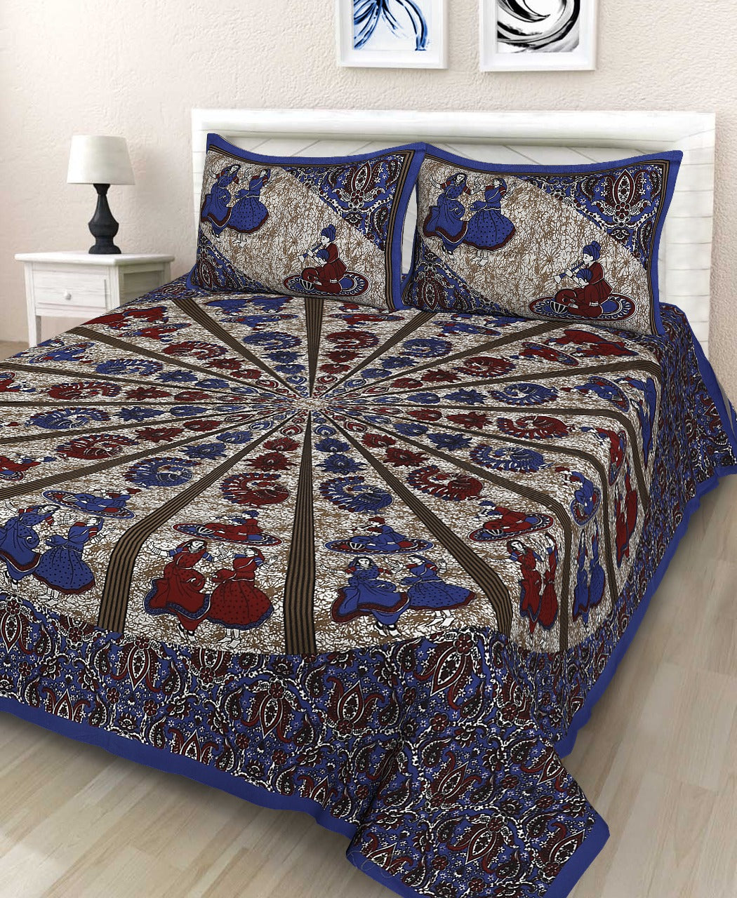 Jaipuri Double Bedsheet Set with Two Pillow Covers - 90x100 Size