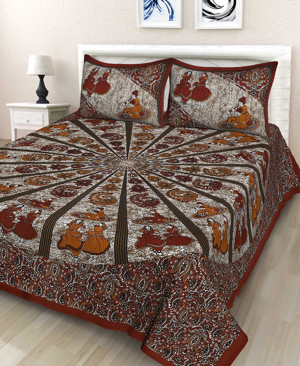 Jaipuri Double Bedsheet Set with Two Pillow Covers - 90x100 Size