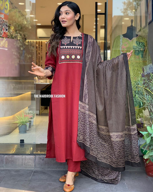Maroon Cotton Kurti Set with Adda Work, Border Sleeves & Mulmul Dupatta