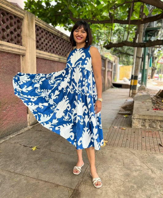 Blue Printed Lotus Flower Cotton Midi Dress