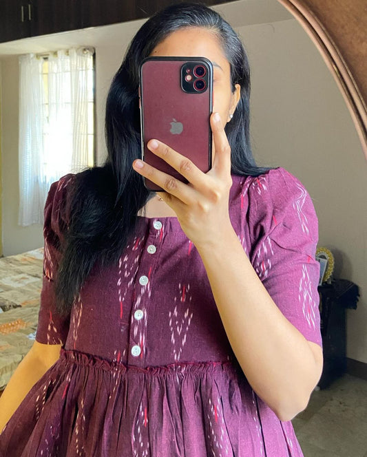Maroon Ikat Cotton Flair Middy Gown