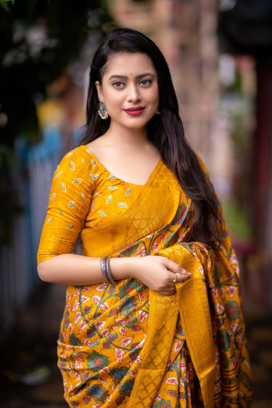 Mustard Slub Silk Kalamkari Printed Saree with Jacquard Woven Zari Border