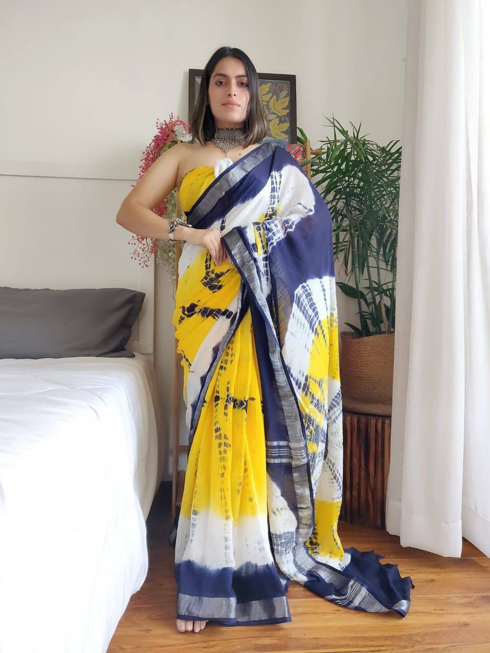 Linen Saree with Shibori Print and Tassels