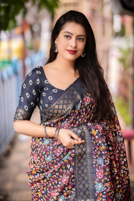 Grey Slub Silk Kalamkari Printed Saree with Jacquard Woven Zari Border