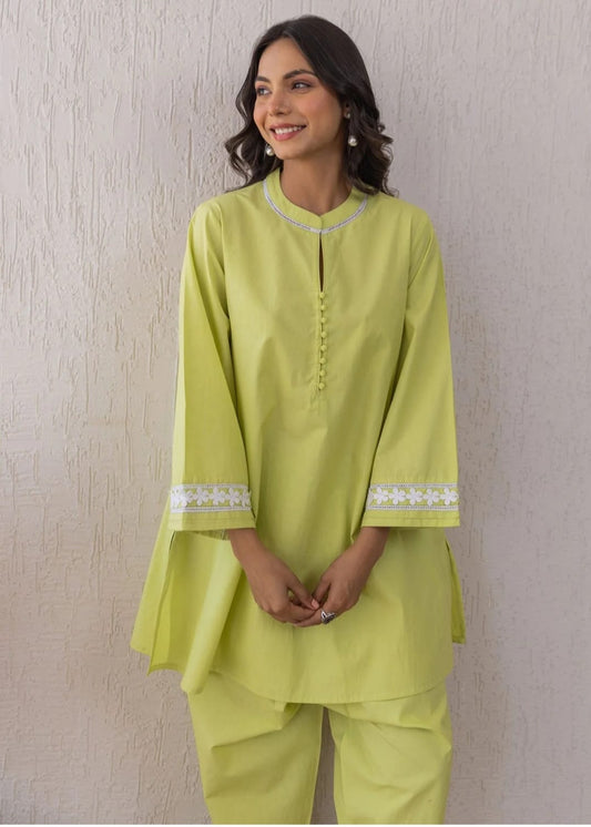 Cotton Top with Potli Button and Lace Detailing - Set with Cotton Pant