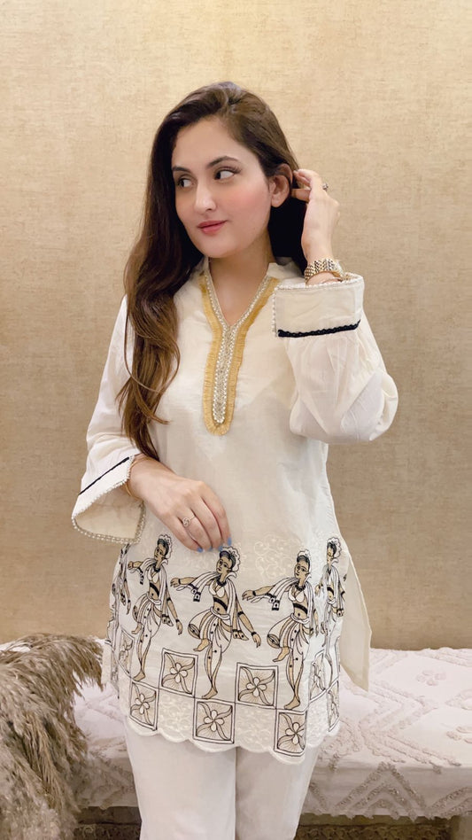 Cream Magic Cotton Kurti & Pant Co-Ord Set with Lace & Gota Work (Surat Print)