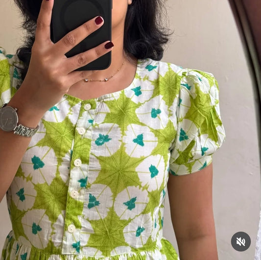 Green Ikat Print Cotton Flair Middy Gown – Floral Procin Design