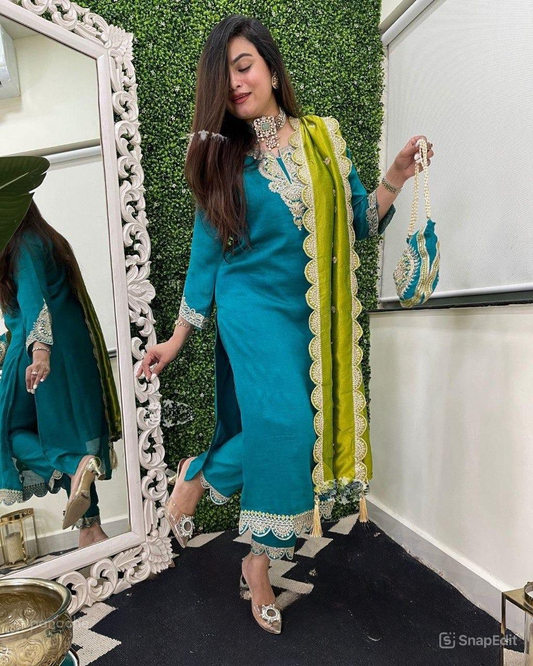 Vichitra Silk Kurti Set with Potli – Embroidered & Lined