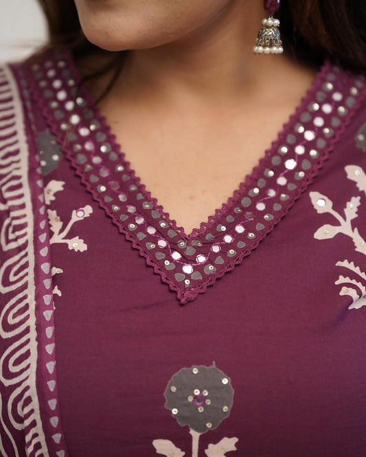 Wine Colored Cotton Kurti Palazzo Set with Lace & Sequence Work