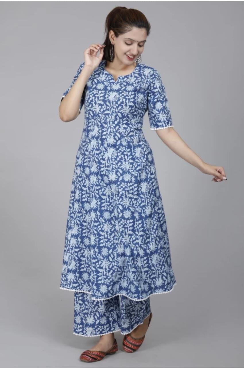 Blue Rayon Printed Long Gown Kurti Set with Pant and Dupatta – Sukriti Store