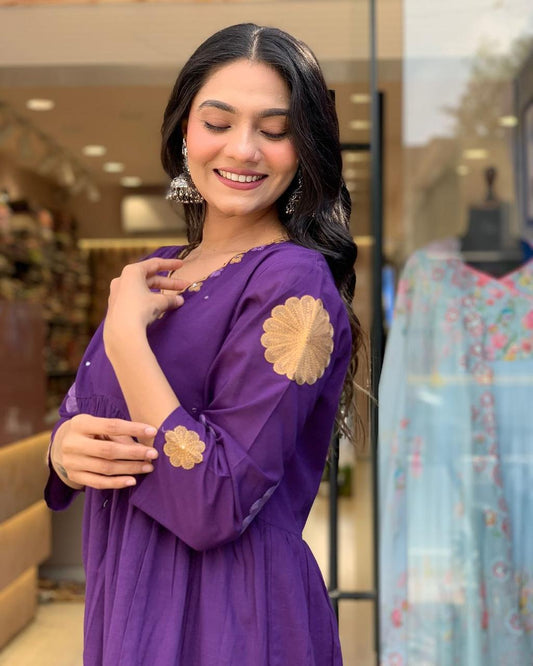 Cotton Kurta Pant Set with Aari Work & Dupatta – Floral Design