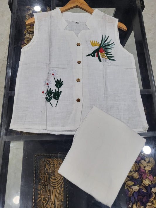 Cotton Slub Aari Work Co-Ord Set – Bird & Floral Embroidery