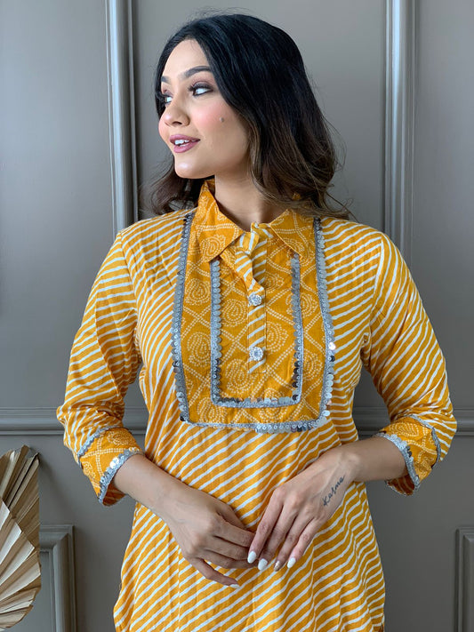 Cotton Kurta Set with Lace Adorned Yoke and Afghani Pant
