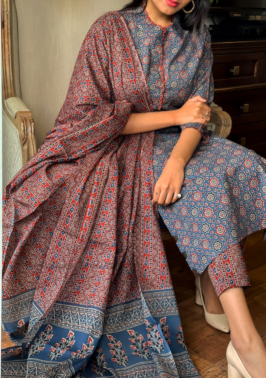 ajrakh dress design Deep blue embellished ajrakh drape dress Sejal Kamdar Designs