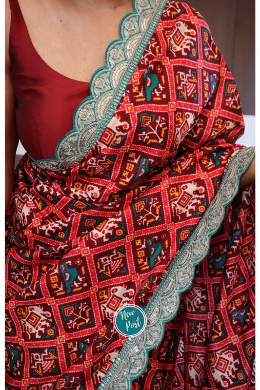 Dola Silk Saree with Digital Patola Print and Sequenced Lace Border