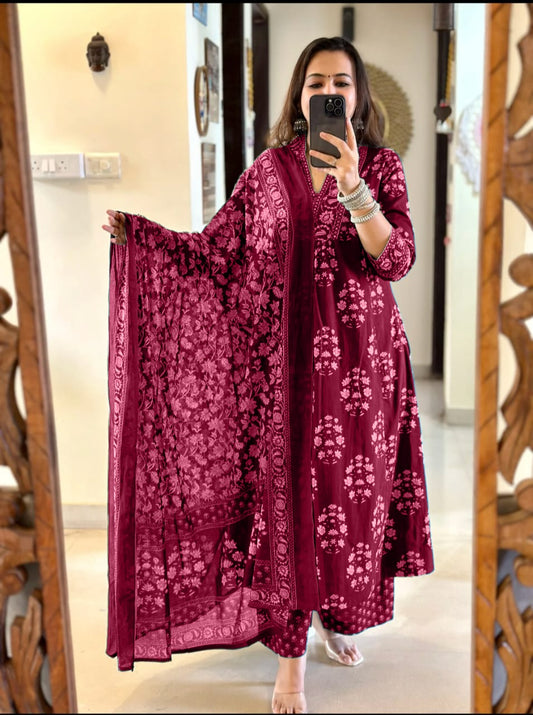 Wine Cotton Print Work Anarkali Kurti Pant Set with Malmal Dupatta